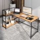 Reversible L-shaped computer workstation in walnut with 3-tier open shelf, perfect for home office or living room use.